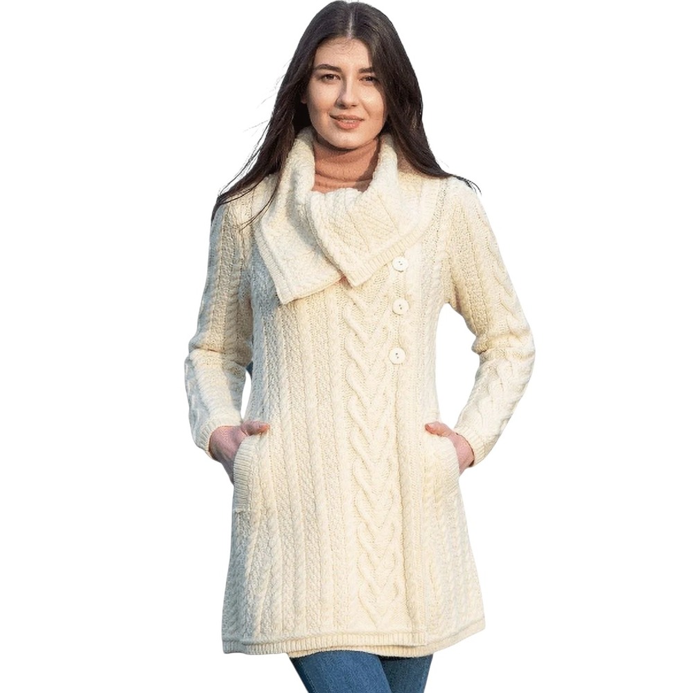 SAOL IRELAND Cream Cable‎ Knit Wool Duster Cardigan Sweater Coat XXL